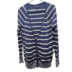 American Eagle Striped Cotton Cardigan Sweater Women’s Large Blue Cream Pockets